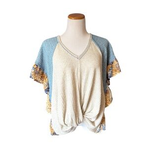 Hummingbird Boho Waffled Blue and Cream Knotted Top